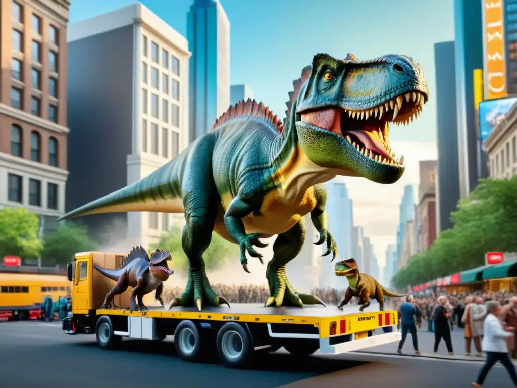TRex animatrónico asombra la ciudad Un TRex animatrónico impresionante es transportado en camión por una bulliciosa calle de la ciudad, rodeado de espectadores maravillados