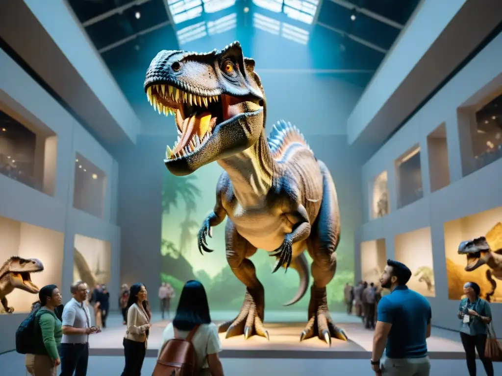 Un T-Rex animatrónico impresionante observa a la multitud en una exposición de dinosaurios, creando experiencias únicas