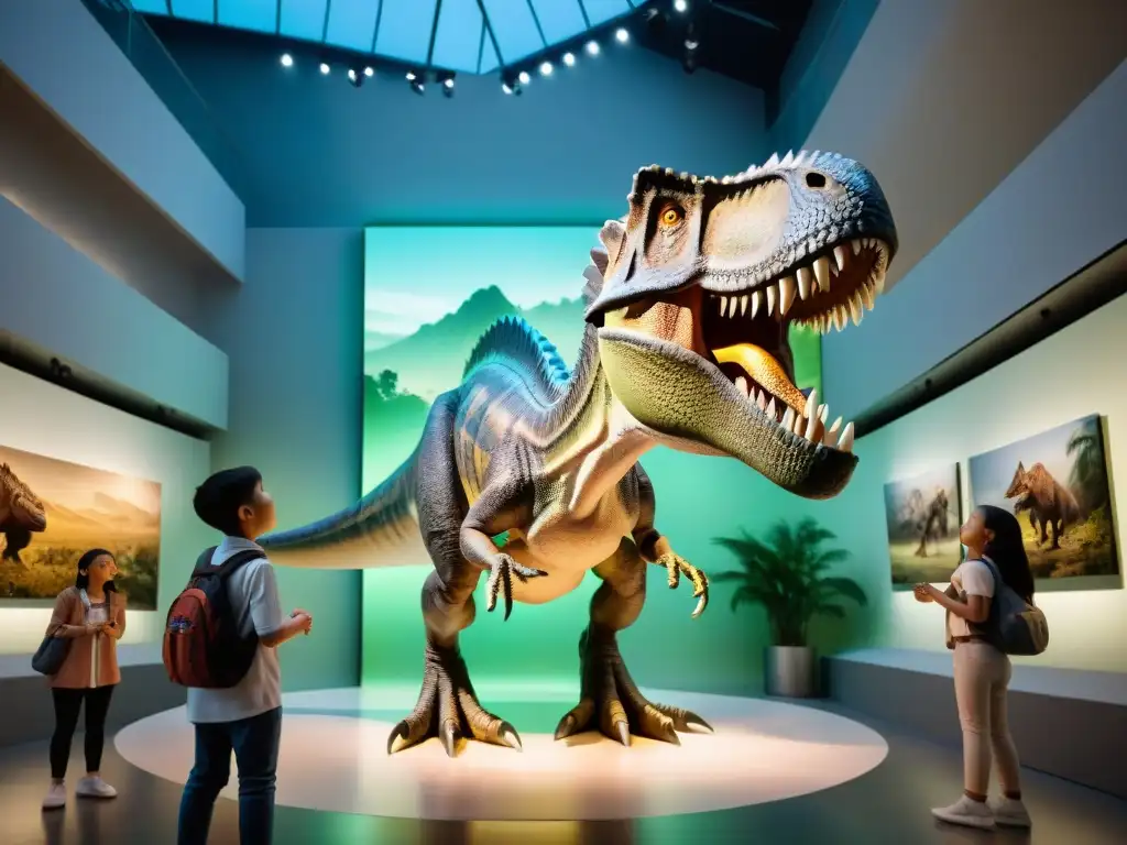 Awe-inspiring Tyrannosaurus rex en museo de paleontología Un T-Rex animatrónico realista asombra a niños en un museo de paleontología
