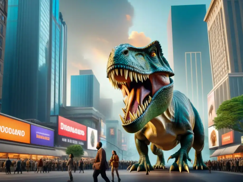Rex publicitario: el legado de los dinosaurios en la ciudad Un T-Rex aterrador en medio de la ciudad, rodeado de publicidad creativa