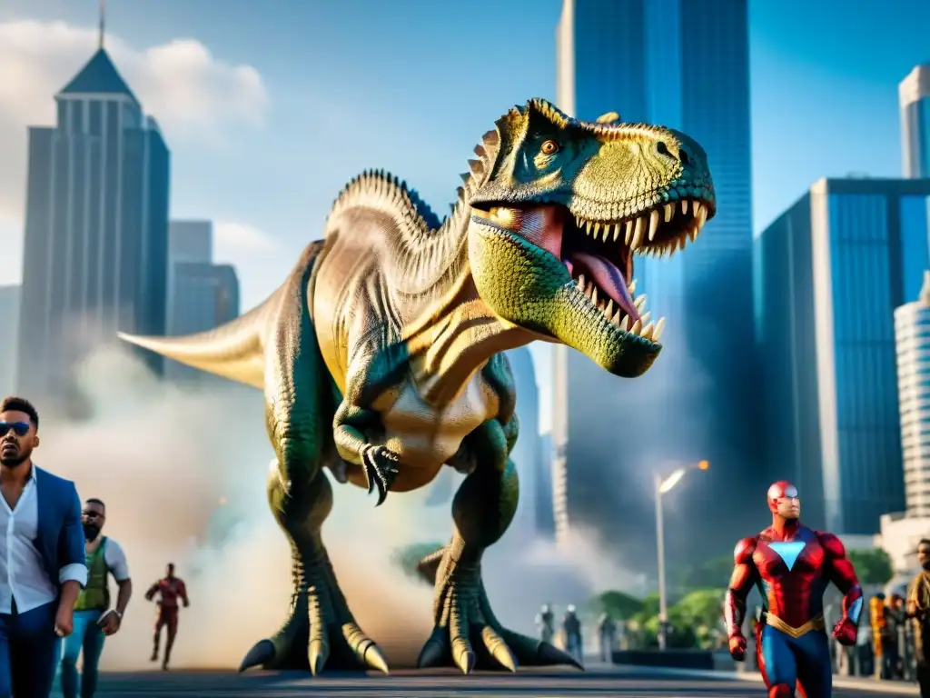 Choque de titanes: T-Rex en la ciudad moderna Un T-Rex rugiendo en una ciudad llena de rascacielos, con personas y superhéroes huyendo