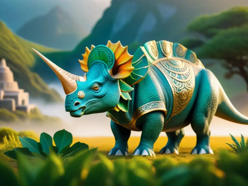 Triceratops en armadura griega: una fusión épica de mitología y prehistoria Un Triceratops majestuoso con armadura griega en un paisaje antiguo