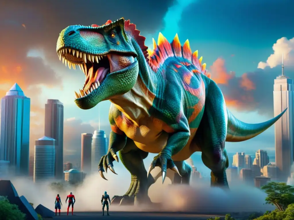 Batalla épica: T-Rex colosal vs Un Tyrannosaurus rex colosal con escamas vibrantes y superhéroes en un enfrentamiento surrealista en la ciudad