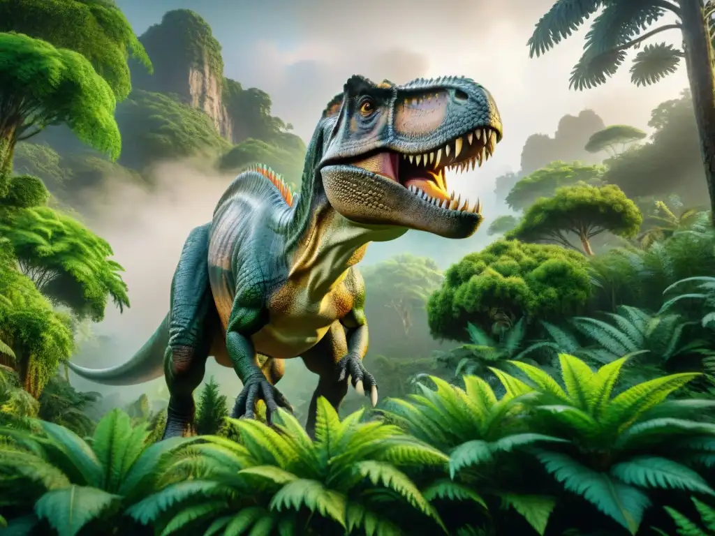 Imponente T-Rex en paisaje prehistórico: arte ultradetallado 8k Un Tyrannosaurus Rex imponente en un paisaje prehistórico