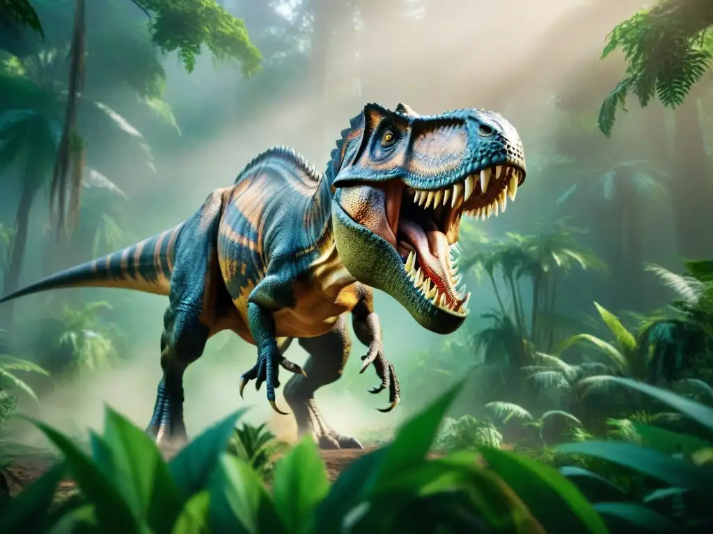 Emocionante caza del Tyrannosaurus Rex en la jungla prehistórica Un Tyrannosaurus Rex feroz cazando en una jungla prehistórica