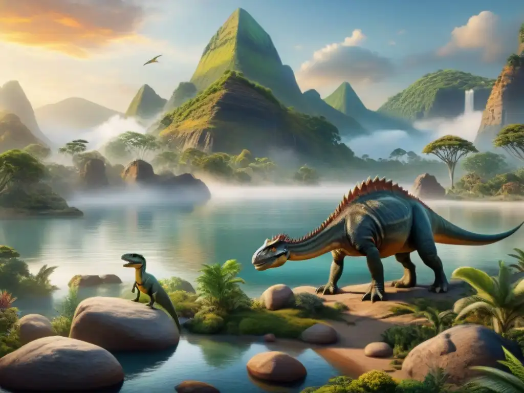 Espectacular paisaje prehistórico: detalle, color y realismo en dinosaurios Una representación ultra realista de un paisaje prehistórico con dinosaurios, tendencias paleoarte próx