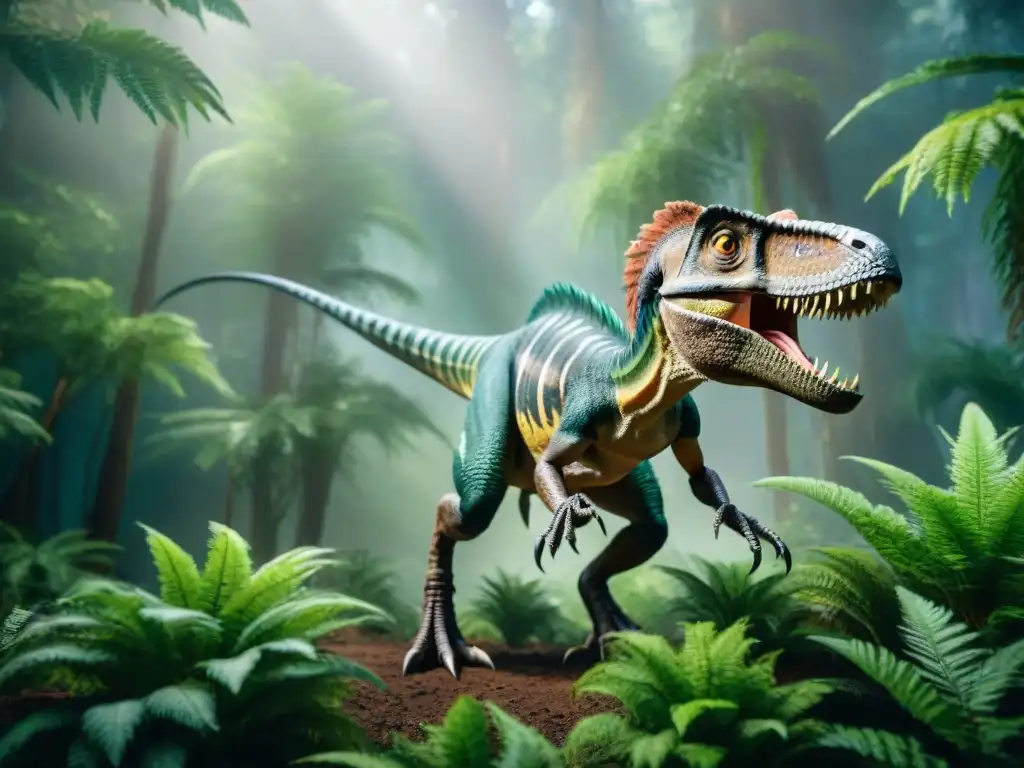 Velociraptor al vuelo sobre paisaje prehistórico exuberante Velociraptor alado sobrevuela paisaje prehistórico