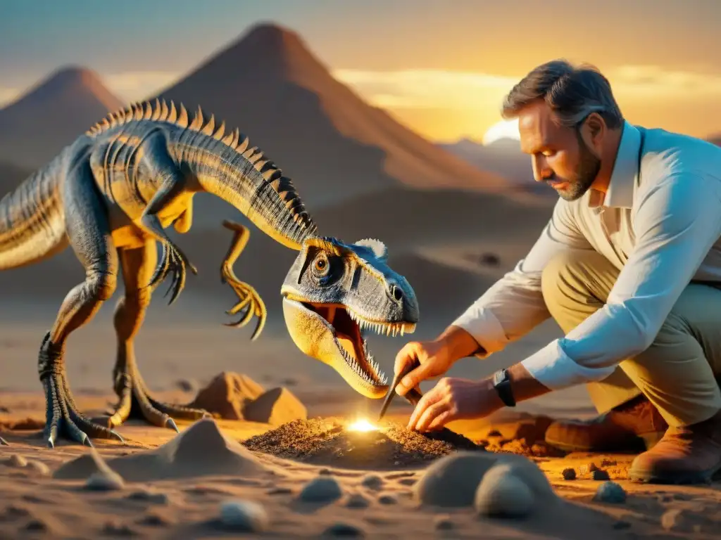 Excavación de Velociraptor al atardecer en el Desierto de Gobi Paleontólogos excavan fósil de Velociraptor al atardecer en el Desierto de Gobi