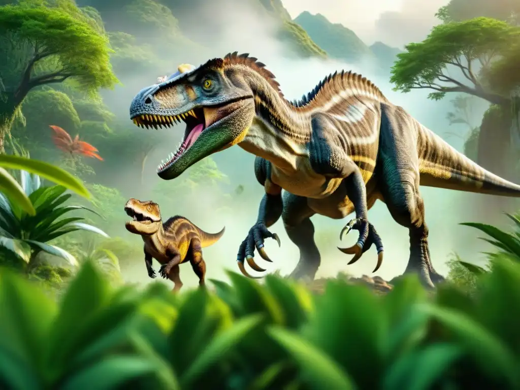 Velociraptor cazando a Triceratops: ilustración detallada Un Velociraptor feroz persigue a un Triceratops en la jungla prehistórica