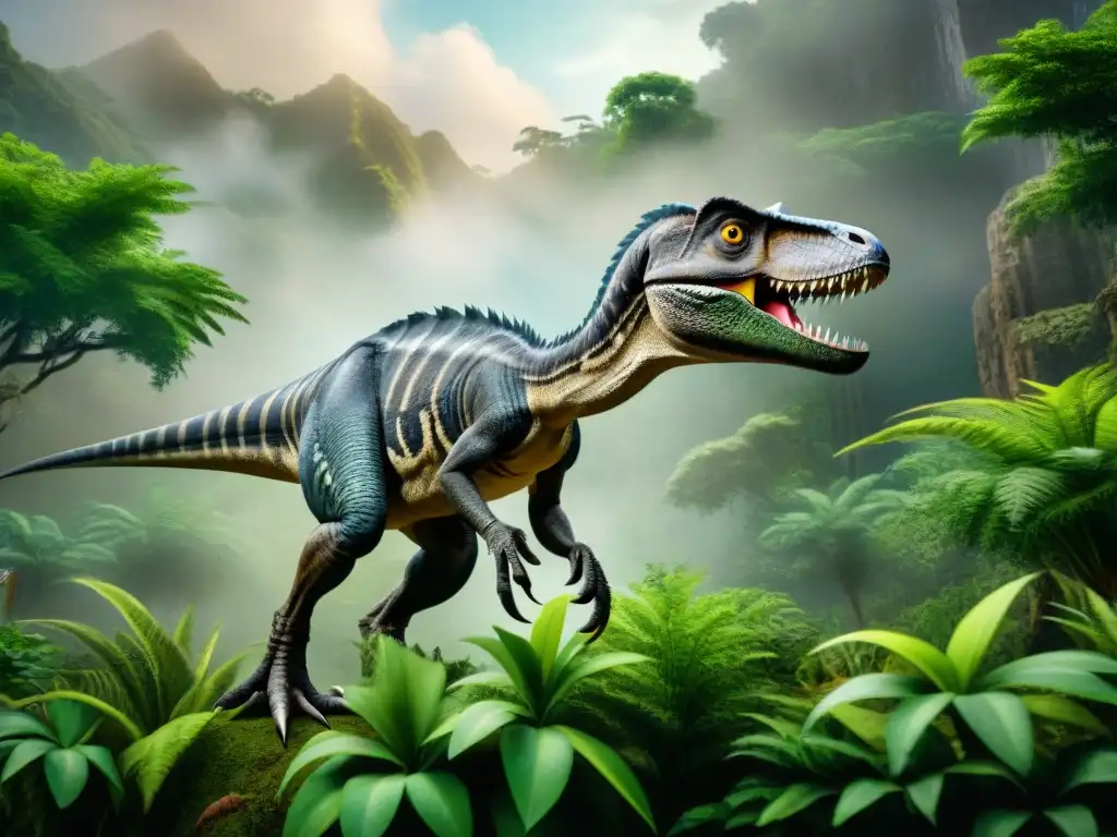 Velociraptor acechando sigiloso en la jungla prehistórica Velociraptor acechando sigilosamente a herbívoros en jungla prehistórica