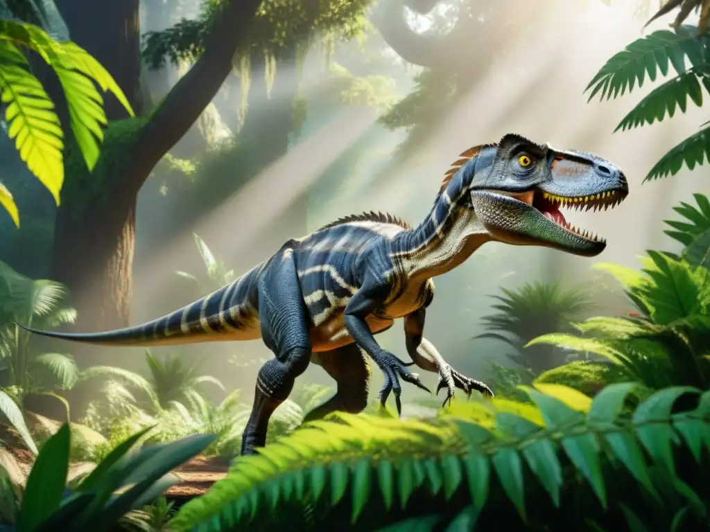 Velociraptor al acecho: escena prehistórica llena de tensión Un Velociraptor acechando sigilosamente a su presa en exuberante vegetación prehistórica