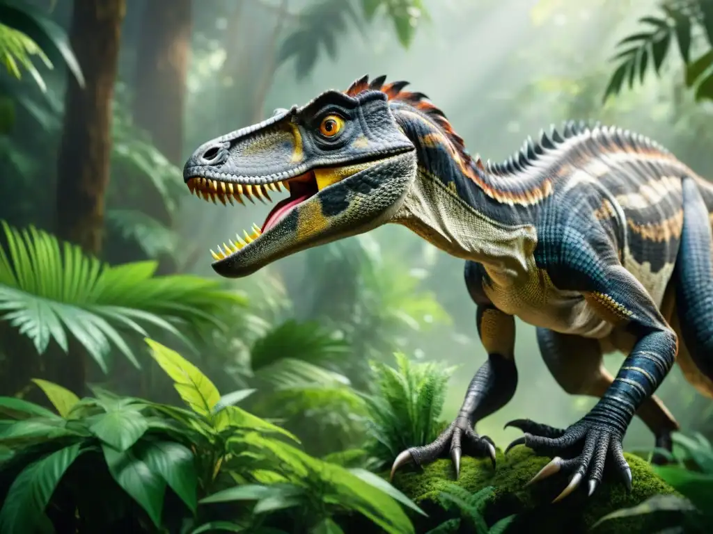 Velociraptor en acción: Cazando en la jungla prehistórica Un Velociraptor acechando su presa en la jungla prehistórica, mostrando detalles asombrosos