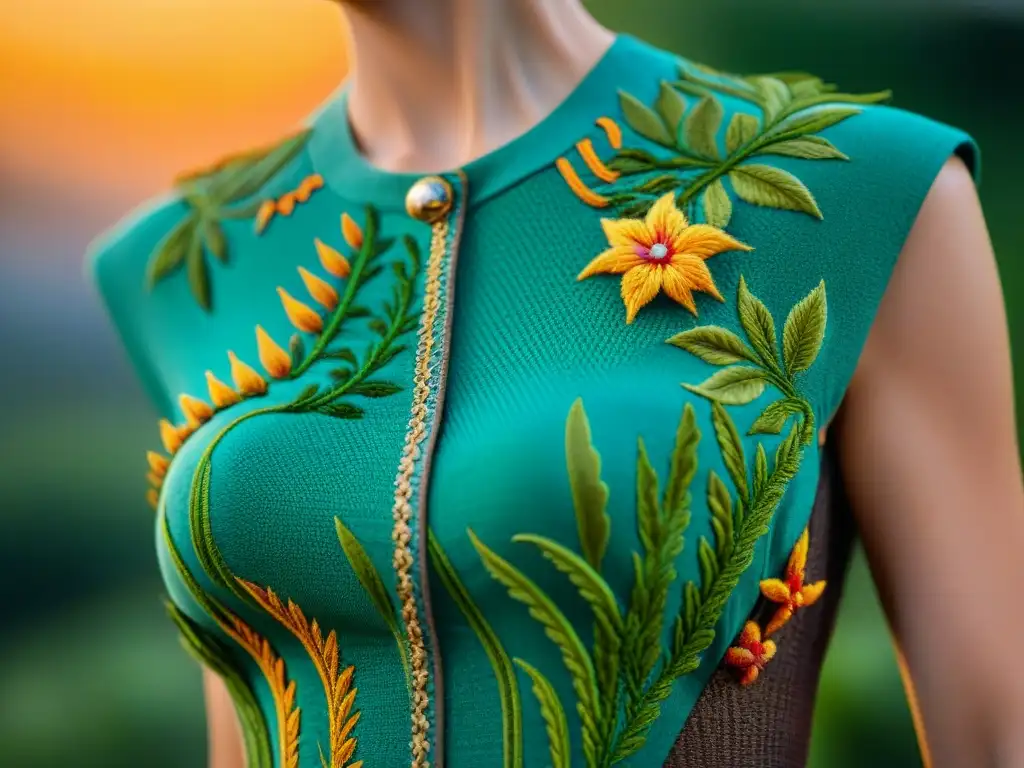 Haute couture dinosaurio: fusión prehistórica y moderna Un vestido de alta costura con diseño de dinosaurios, fusionando flora prehistórica y moda actual