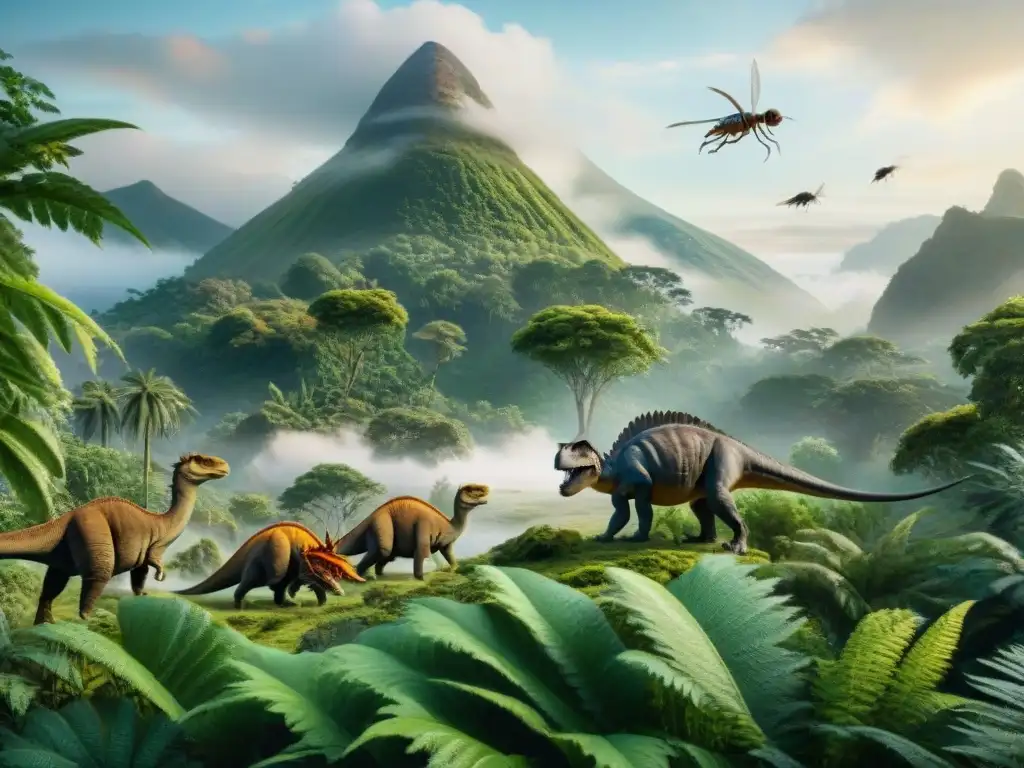 Escena prehistórica: dinosaurios y insectos en detalle Un vibrante escenario prehistórico con interacción entre insectos y dinosaurios, en una ilustración detallada