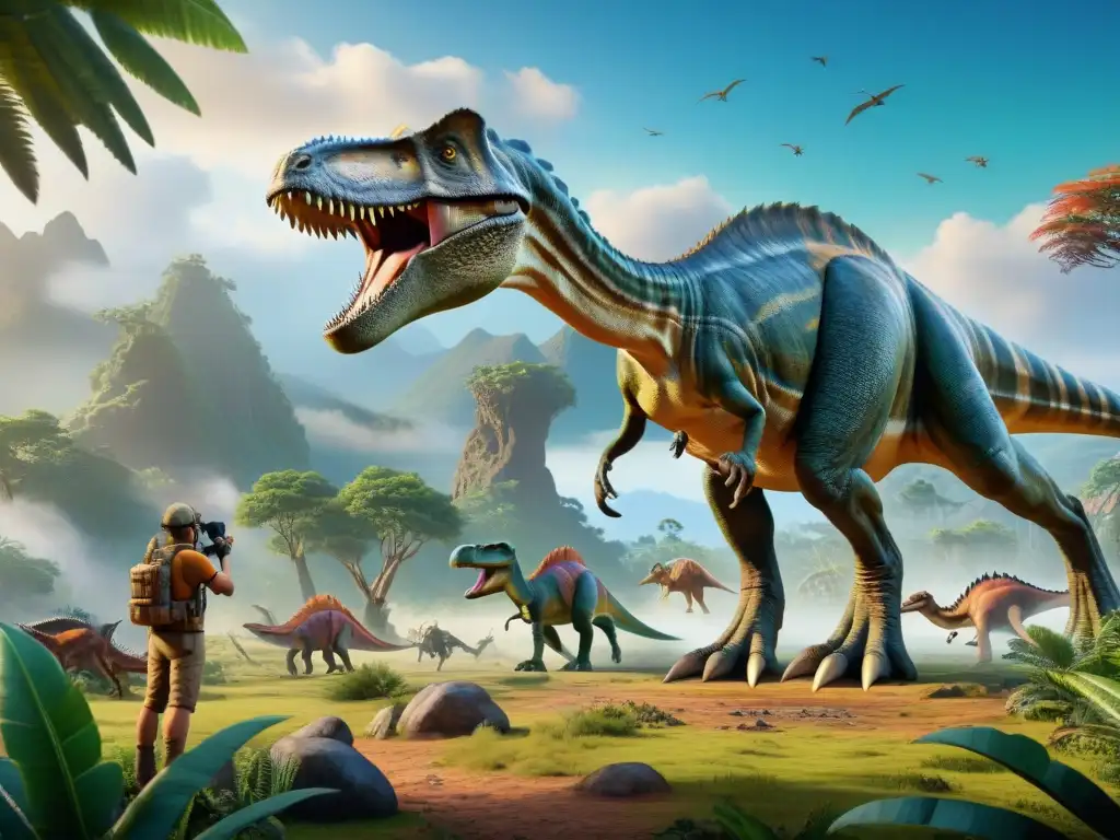 Inmersión total: Realidad virtual con dinosaurios en paisaje prehistórico Exploración virtual de dinosaurios en una escena prehistórica ultra realista