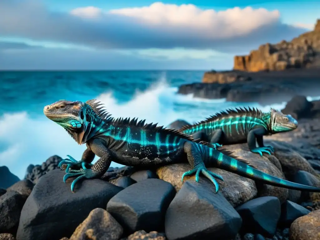 Vista detallada de iguanas marinas únicas de las Islas Galápagos, con escamas texturizadas y color negro, mimetizándose con las rocas volcánicas