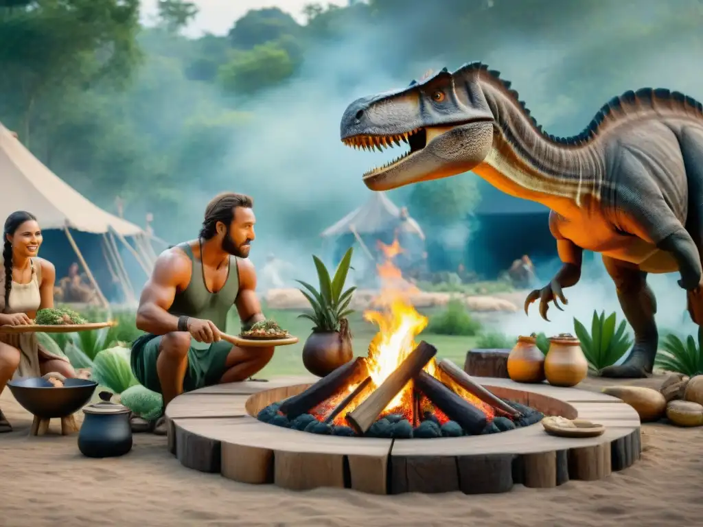 Cocina prehistórica en parque de dinosaurios Vivencia de cocina prehistórica en parque temático de dinosaurios con ingredientes y técnicas ancestrales